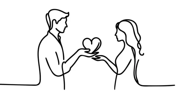 День Святого Валентина Чоловік Жінка Тримають Серце Одна Лінія Ілюстрація Стокова Ілюстрація
