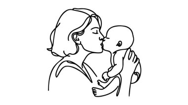 Kesintisiz çizgiler, anne bebeği öpüyor. Anne ve çocuğunun bir çizimi..