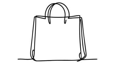Aralıksız çizim tarzında alışveriş torbası. Kağıt paket minimalist siyah çizim beyaz arka planda izole edildi. Vektör illüstrasyonu