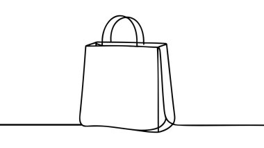Aralıksız çizim tarzında alışveriş torbası. Kağıt paket minimalist siyah çizim beyaz arka planda izole edildi. Vektör illüstrasyonu