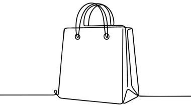 Aralıksız çizim tarzında alışveriş torbası. Kağıt paket minimalist siyah çizim beyaz arka planda izole edildi. Vektör illüstrasyonu