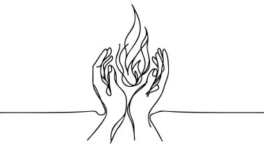 Alev tutan insan elleri, ateş. Beyaz arkaplanda kesintisiz bir çizgi çizimi.