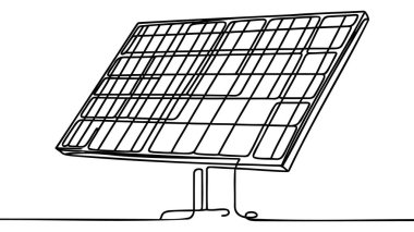 Güneşli güneş panelinin aralıksız çizimi. Yeşil temiz enerji ve yenilenebilir kaynaklar basit doğrusal tarzda. Elektrik santrali ve ekoloji ikonunu kurtar. Düzenlenebilir felç. Doodle vektörü