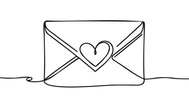 Kalple sürekli bir zarf çizimi. Sevgililer Günü. Aşk kartları ve davetiyeler için şablon. Beyaz arka planda izole edilmiş. Vektör illüstrasyonu.