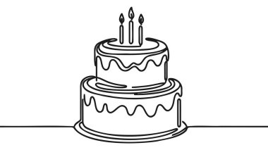 Devamlı çizgi çizimi. Mumlu doğum günü pastası. Kutlamanın sembolü. Beyaz arka planda siyah izole edilmiş. El çizimi vektör illüstrasyonu.