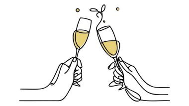 Continuous line champagne cheers. Hands toasting with wine glasses with drinks. Linear people celebrate christmas or birthday vector concept