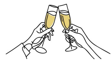 Continuous line champagne cheers. Hands toasting with wine glasses with drinks. Linear people celebrate christmas or birthday vector concept
