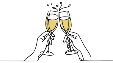 Continuous line champagne cheers. Hands toasting with wine glasses with drinks. Linear people celebrate christmas or birthday vector concept