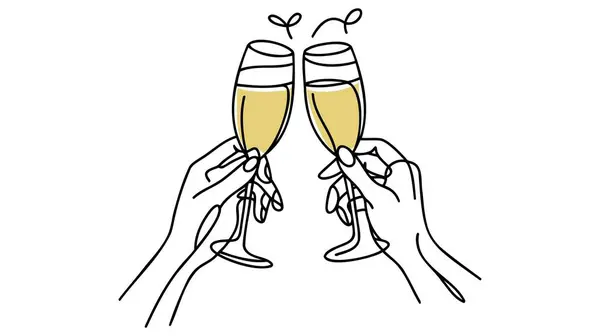 Continuous line champagne cheers. Hands toasting with wine glasses with drinks. Linear people celebrate christmas or birthday vector concept