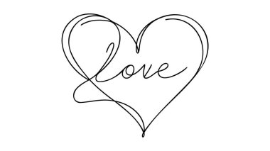 Bir çizgi. Karalama kalp şeklinde el yazısıyla yazılmış aşk. Harf taslağı. Vektör illüstrasyonu beyaz arkaplanda izole edildi