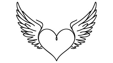 Sürekli bir çizgi kanatlı uçan kalp aşkı çiziyor. Romantik aşk. Tatil kutlaması, düğün davetiyesi, beyaz arka planda tebrik kartı. Tek çizgi çizimi tasarım vektörü grafik çizimi