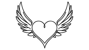 Sürekli bir çizgi kanatlı uçan kalp aşkı çiziyor. Romantik aşk. Tatil kutlaması, düğün davetiyesi, beyaz arka planda tebrik kartı. Tek çizgi çizimi tasarım vektörü grafik çizimi