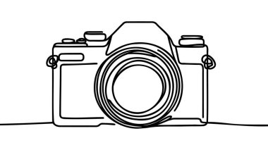 Telefoto lensli eski bir analog slr kamera çizimi. Klasik fotoğraf ekipmanı konsepti sürekli çizgi çizimi grafik tasarım çizimi çizimi çizimi çizimi çizimi.