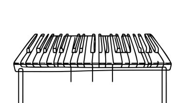 Piyano klavyesinin sürekli çizimi. Beyaz arka planda izole edilmiş bir müzik aleti. Müzik kavramı. Vektör illüstrasyonu.