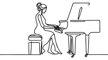 Tek satırlık çizim yapan kadın piyano çalıyor. Kadın sanatçı müzik enstrümanına oturur ve çalar..