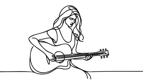 Femme Tient Jouer Guitare Vecteur Art Ligne Concept Guitariste Avec Vecteurs De Stock Libres De Droits