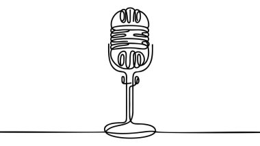 Yayınlamak için eski klasik radyo mikrofonunun tek satır çizimi. Klasik hoparlör spikeri unsuru konsepti sürekli çizgi çizimi tasarım vektör çizimi illüstrasyonu.