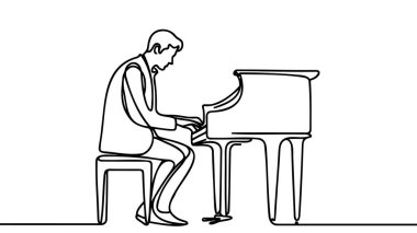 Müzik konseri tiyatro festivalinde klasik kuyruklu piyano çalan genç ve mutlu bir piyanist çizimi. Müzisyen sanatçı performans konsepti tek çizgi çizim vektör çizimi illüstrasyonu.