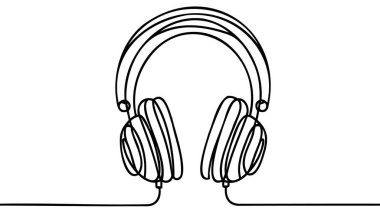 Tek sıra kulaklık. El çizimi vektör çizimi. Sürekli kulaklık çizimi müzik müzik ses dalgası. Müzik ve teknoloji sembollü kablosuz kulaklıklar.