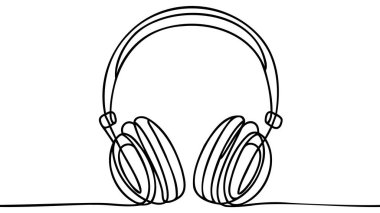 Tek sıra kulaklık. El çizimi vektör çizimi. Sürekli kulaklık çizimi müzik müzik ses dalgası. Müzik ve teknoloji sembollü kablosuz kulaklıklar.