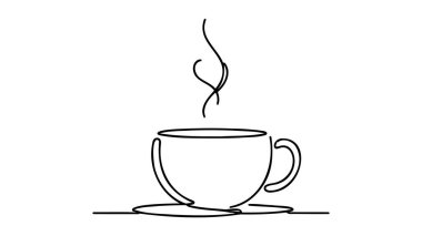 Sürekli bir sınır çiziyorum. Beyaz arka planda buharlı bir fincan kahve..