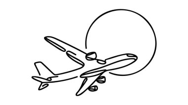 Beyaz arka planda bir çizgi çizen uçak. Uçak sürekli tek bir çizim yapıyor. Minimalist sınır tasarımı. Vektör illüstrasyon çizgisi sanat biçimi.