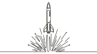 Roket havalandı. Uzay gemisi fırlatıldı. Askeri bir balistik füze fırlatıldı. Sürekli bir çizgi. Doğrusal. İzole edilmiş, beyaz arkaplan çizgisi.