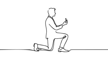 Erkek, bir dizinin üstüne çöker ve sol elinin parmağına yüzük takar. Nişan sırasında, bir gelin ve damadın el çizimi vektör çiziminin yanında duran kadına..