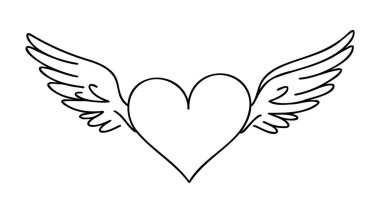 Devamlı çizgi çizimi. Kanatlı kalp. Sevgililer Günü. Sevgi. Beyaz arka planda siyah izole edilmiş. El çizimi vektör illüstrasyonu.