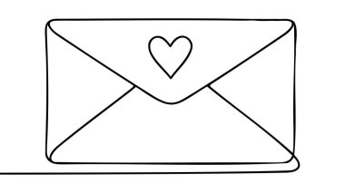 Kırmızı kalpli zarfın aralıksız çizilmesi. Sevgililer Günü. Aşk kartları ve davetiyeler için şablon. Beyaz arka planda izole edilmiş. Vektör illüstrasyonu.