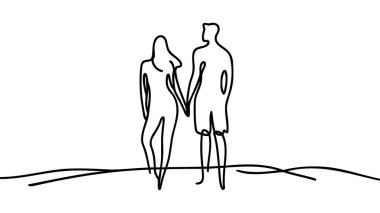 Sürekli el ele tutuşan bir çift resim çiziyor. Sevgi dolu bir erkek ve kadın. Romantik bir randevu. Siyah çizim beyaz arkaplanda izole edilmiş. Vektör illüstrasyonu