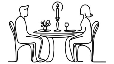 Genç ve mutlu erkek ve kadın çiftin romantik randevuları ve kafeteryada yemek yedikleri tek sıra çizimi. Evlilik hayatı konsepti. Bir çizgi çizimi tasarım vektörü grafik çizimi