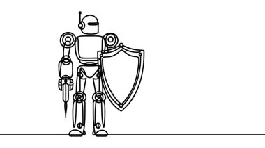 Robotu kalkanla çizmeye devam et. Retro robot. Metal bilgisayar adamı ya da cyborglar. İnternette güvenlik.