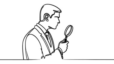 İnsanın sürekli çizdiği çizgi büyüteç tutarak işi analiz eder, araştırır. Vektör illüstrasyonu.