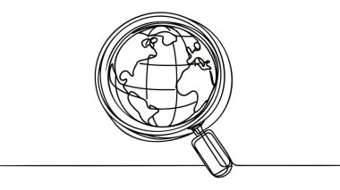 görünümlü cam arama simgesi ile dünya gezegeninin sürekli çizgi çizimi.