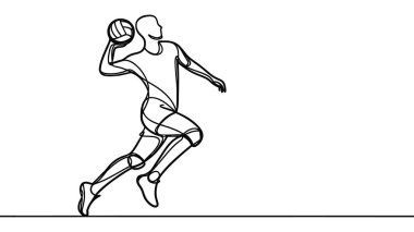 Genç profesyonel voleybol oyuncusunun sahada atlama hareketinin aralıksız çizdiği bir çizgi. Sağlıklı rekabetçi takım spor konsepti. Dinamik tek çizgi çizimi tasarım vektörü illüstrasyonu