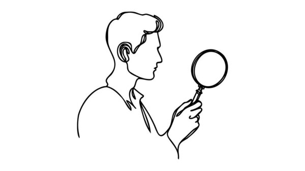 Continuous line drawing of man hold magnifying glass to analyze work, search. Vector illustration.