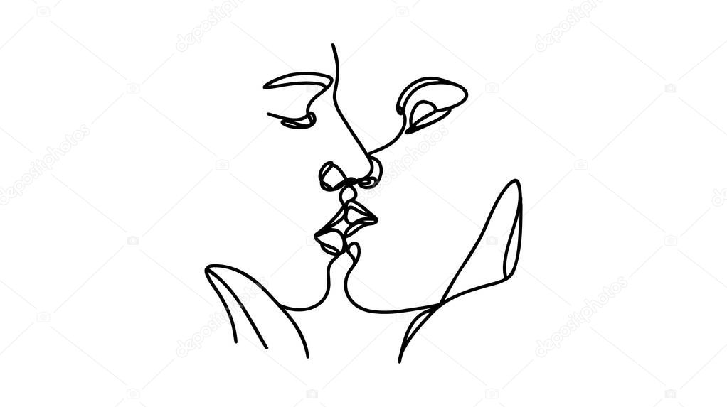 Valentine's day minimalist icon of people. Couple logo. 2 faces in a continuous line. Man and woman. Symbol of love Line vector illustration.