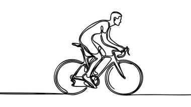 Bisikletçi genç adamın pedal çevirme treninin sürekli çizdiği tek çizgi. Spor yaşam tarzı konsepti. Bisiklet yarışı tanıtım ortamı için bir satır tasarım vektör çizimi grafiği
