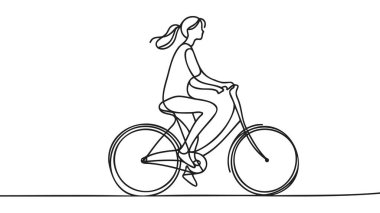 Bisikletli bir kadın çizmeye devam et. Bisiklet süren bir kızın kesintisiz çizimi. Tatlı bir kadın sabahları egzersiz yapmak için bisiklete binmekten hoşlanır. Sağlıklı yaşam tarzı teması