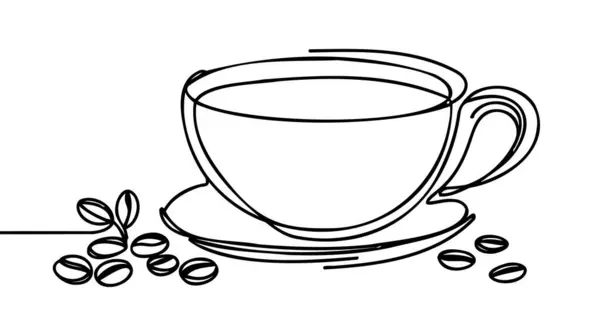 Einzelne Durchgehende Linienzeichnung Einer Tasse Kaffeetrinken Mit Kaffeebohnen Auf Untersetzer Stockvektor