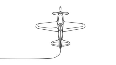 Küçük bir uçak gökyüzünde sürekli bir çizim tarzında uçuyor. Özel uçak siyah çizimi beyaz arka planda izole edildi. Vektör illüstrasyonu