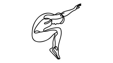 Beyaz arkaplanda sürekli bir çizgi resimlemesi atlayan kişi.