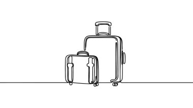 Sürekli çizim tarzında seyahat valizi. Tekerlekli bavul ve beyaz arka planda siyah çizgili çekilebilir kabzalı çizim. Vektör illüstrasyonu.