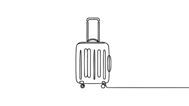 Sürekli çizim tarzında seyahat valizi. Tekerlekli bavul ve beyaz arka planda siyah çizgili çekilebilir kabzalı çizim. Vektör illüstrasyonu.