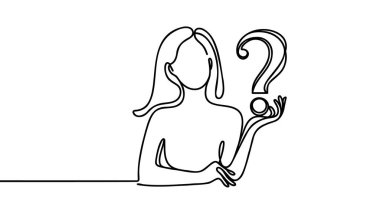 Sürekli bir çizgi çizen kadın ve soru işareti. Sıkça Sorulan Sorular Konsepti. Tek çizgi çizimi tasarım vektörü grafik çizimi.