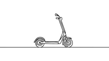 Scooter sürekli çizim tarzında. Kısa mesafe ulaşım için stand-up scooter beyaz arka planda izole edilmiş minimal siyah doğrusal çizim. Vektör illüstrasyonu