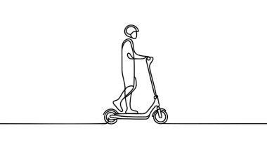 Scooter sürekli çizim tarzında. Kısa mesafe ulaşım için stand-up scooter beyaz arka planda izole edilmiş minimal siyah doğrusal çizim. Vektör illüstrasyonu
