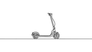 Scooter sürekli çizim tarzında. Kısa mesafe ulaşım için stand-up scooter beyaz arka planda izole edilmiş minimal siyah doğrusal çizim. Vektör illüstrasyonu
