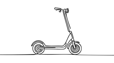 Scooter sürekli çizim tarzında. Kısa mesafe ulaşım için stand-up scooter beyaz arka planda izole edilmiş minimal siyah doğrusal çizim. Vektör illüstrasyonu